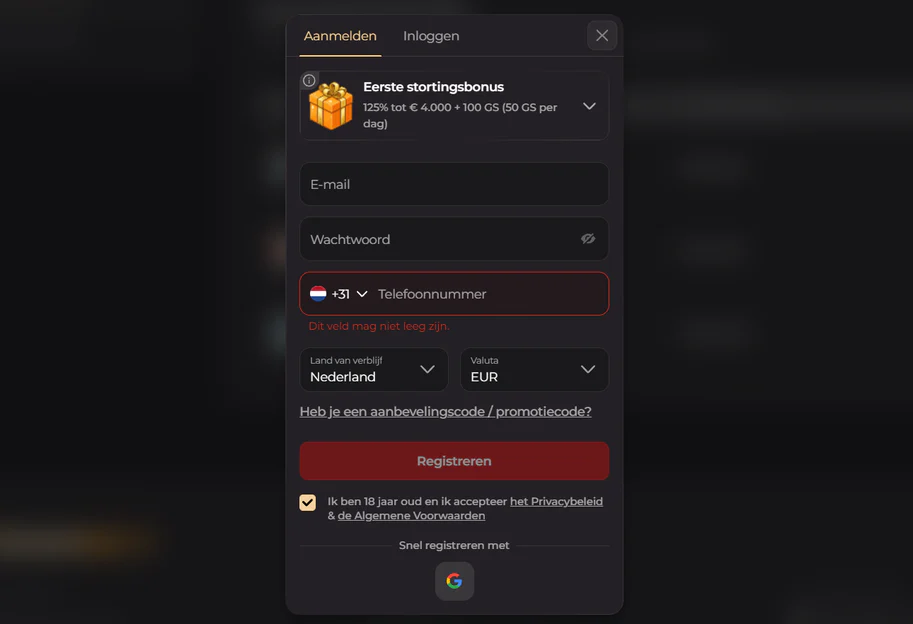 Crumbet Casino registratieformulier met welkomstbonus, e-mail, wachtwoord, telefoonnummer, land en valuta